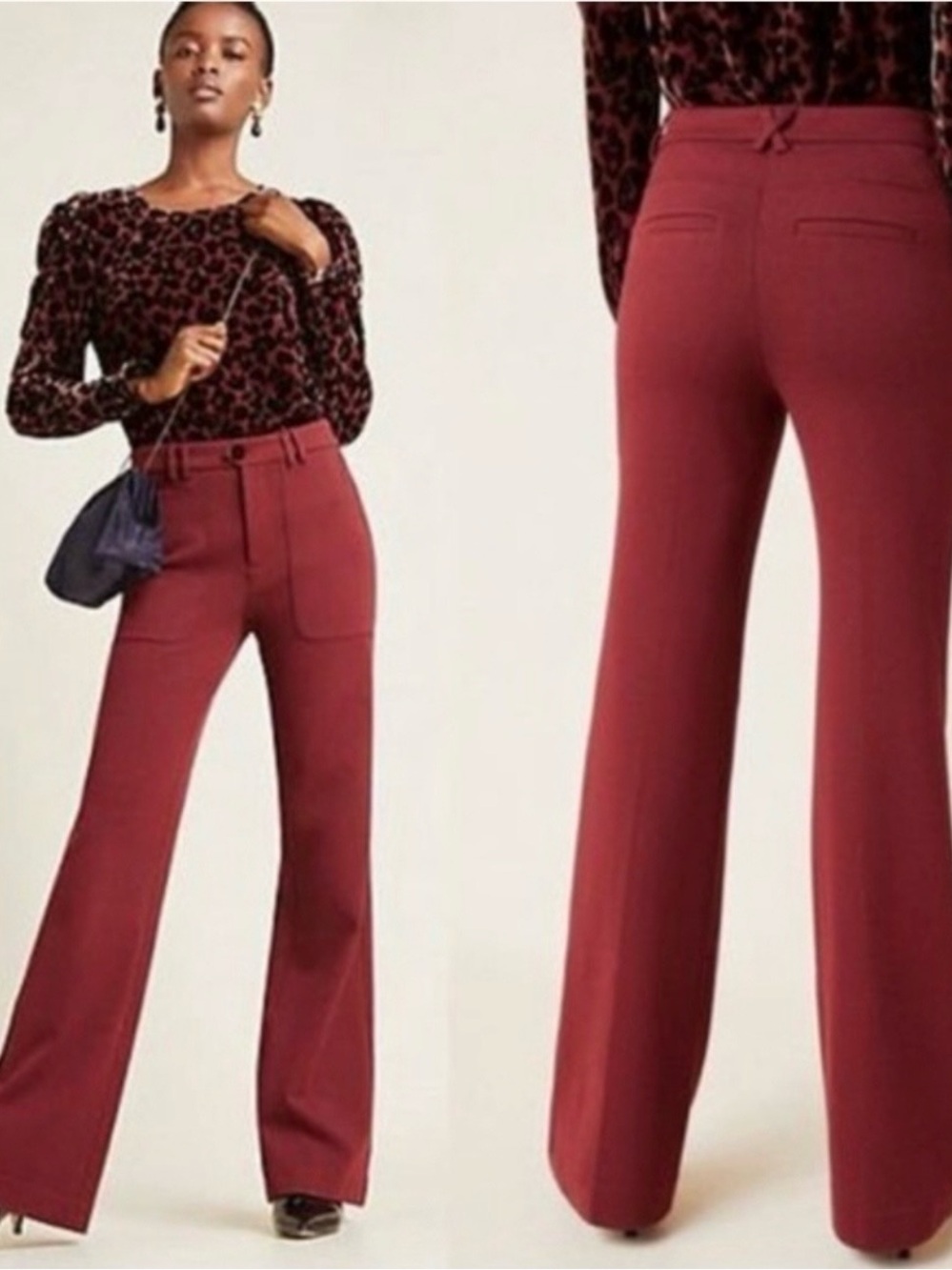 Anthropologie The Essential Trouser Women's 8 Burgundy Flare Pants High Rise